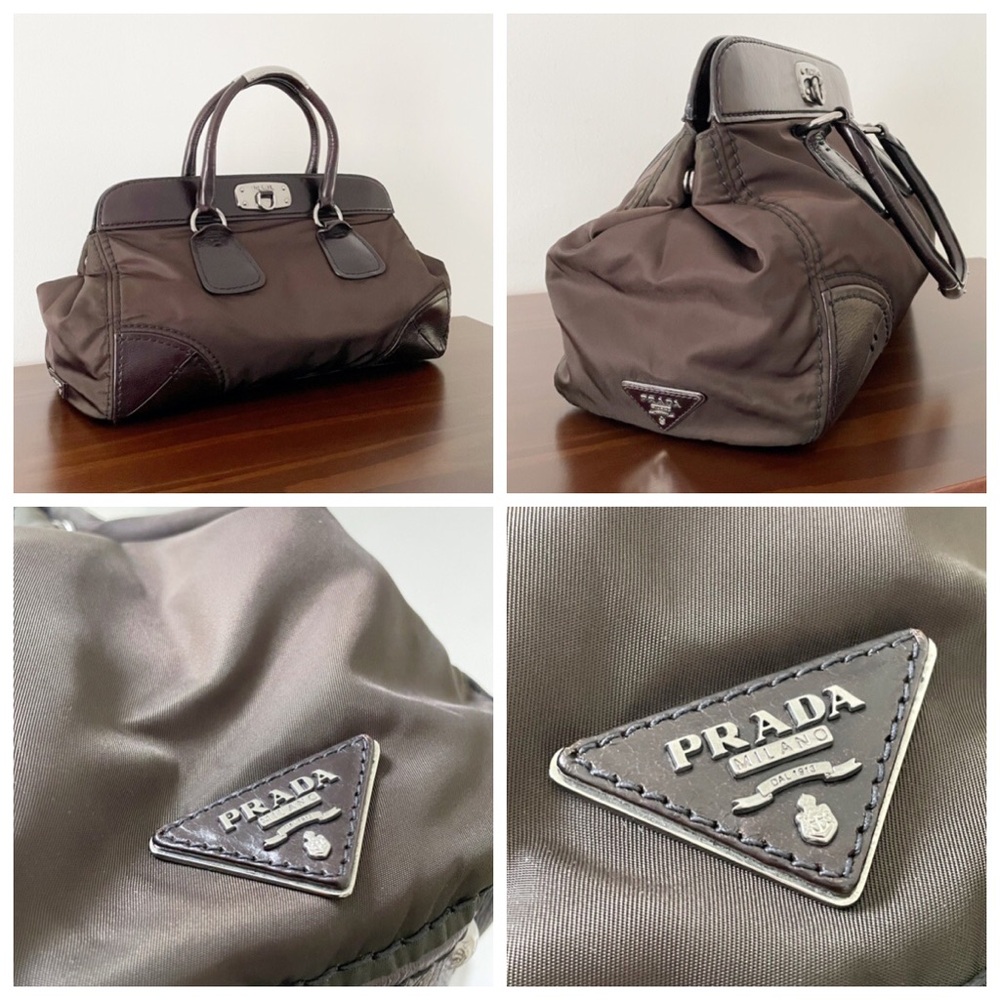 Prada dark brown Vitello leather trimmed nylon doctor bag satchel - Picture 3 of 14